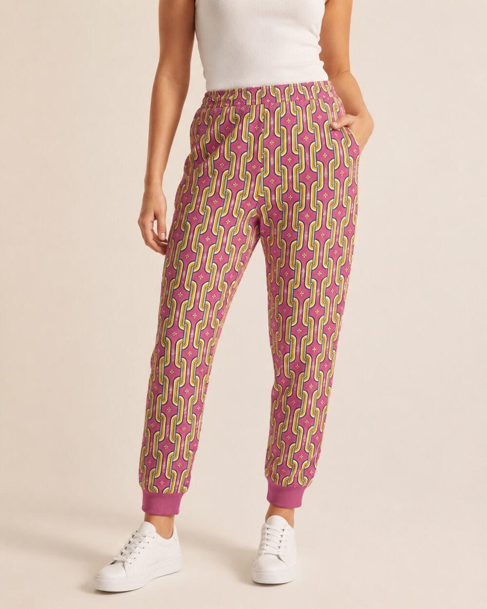 Puma Womens Joggers Sweatpants Pink Multicolor Retro Print Medium NEW W/Tags